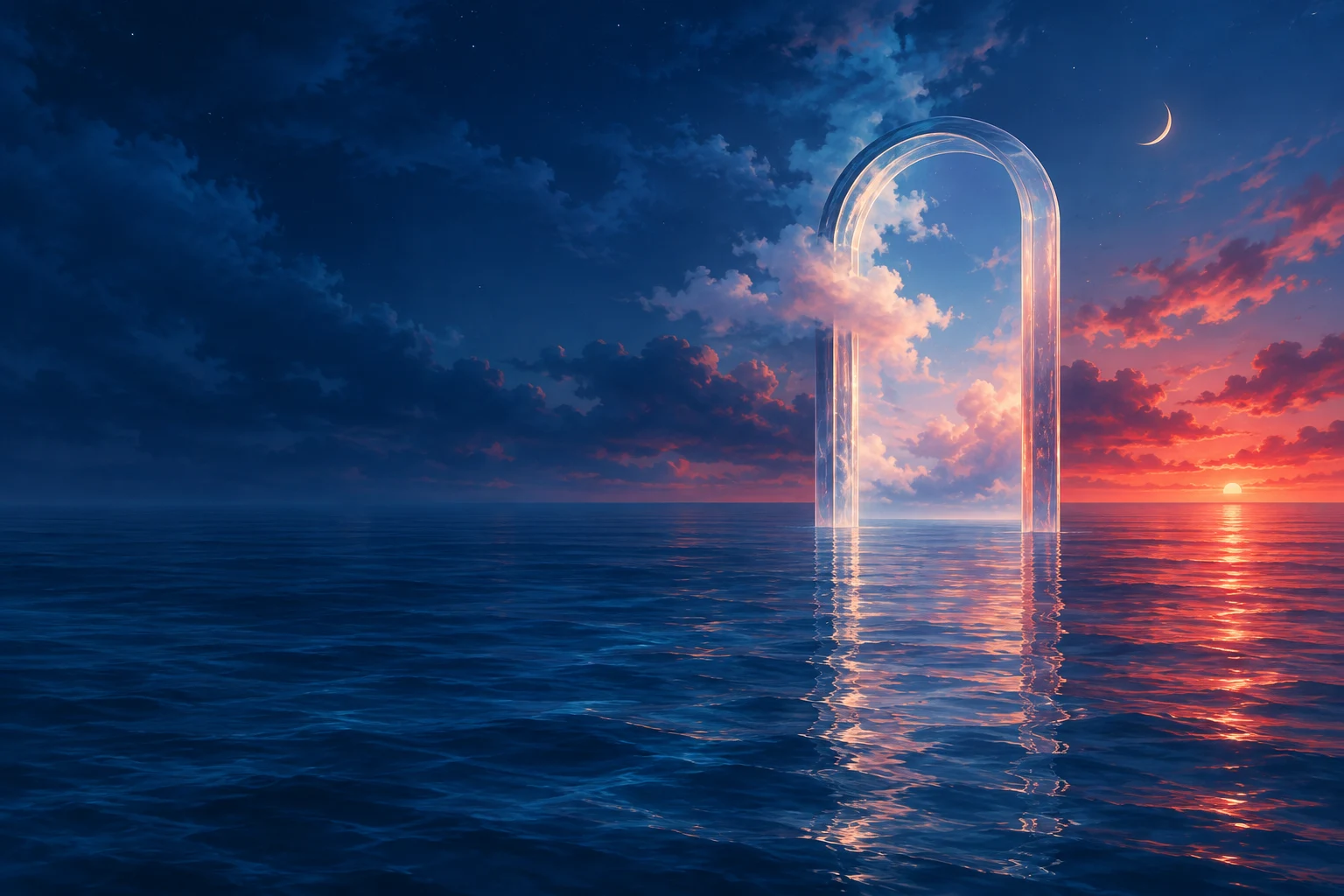 A doorway above a blue ocean under a red and violet sky.